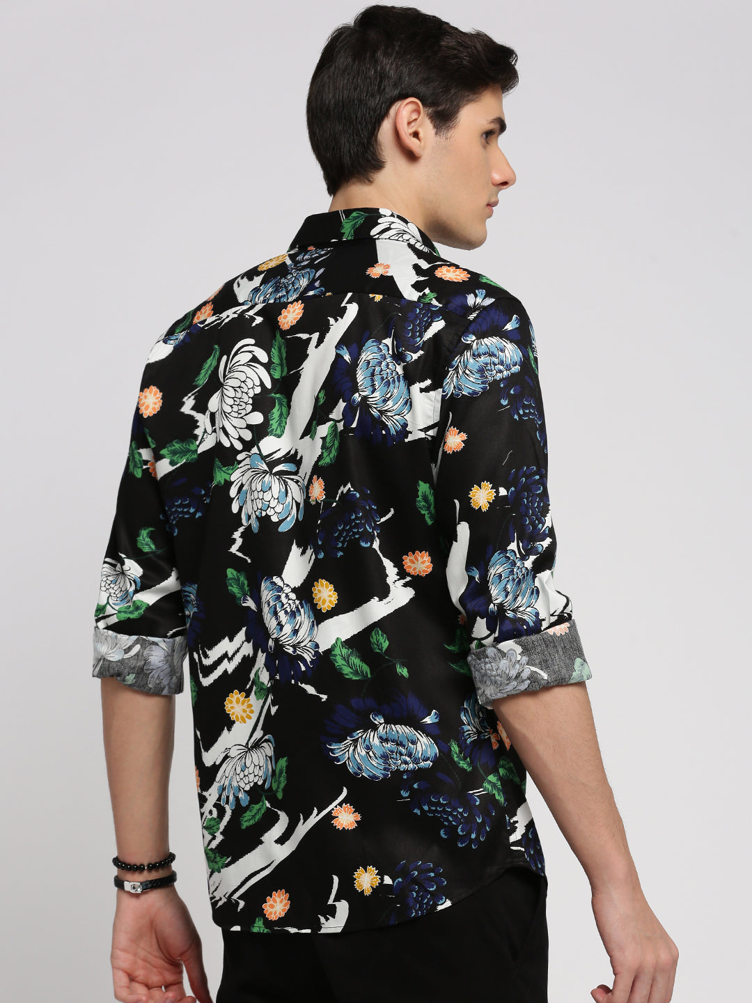 Men Black Spread Collar Floral Shirt