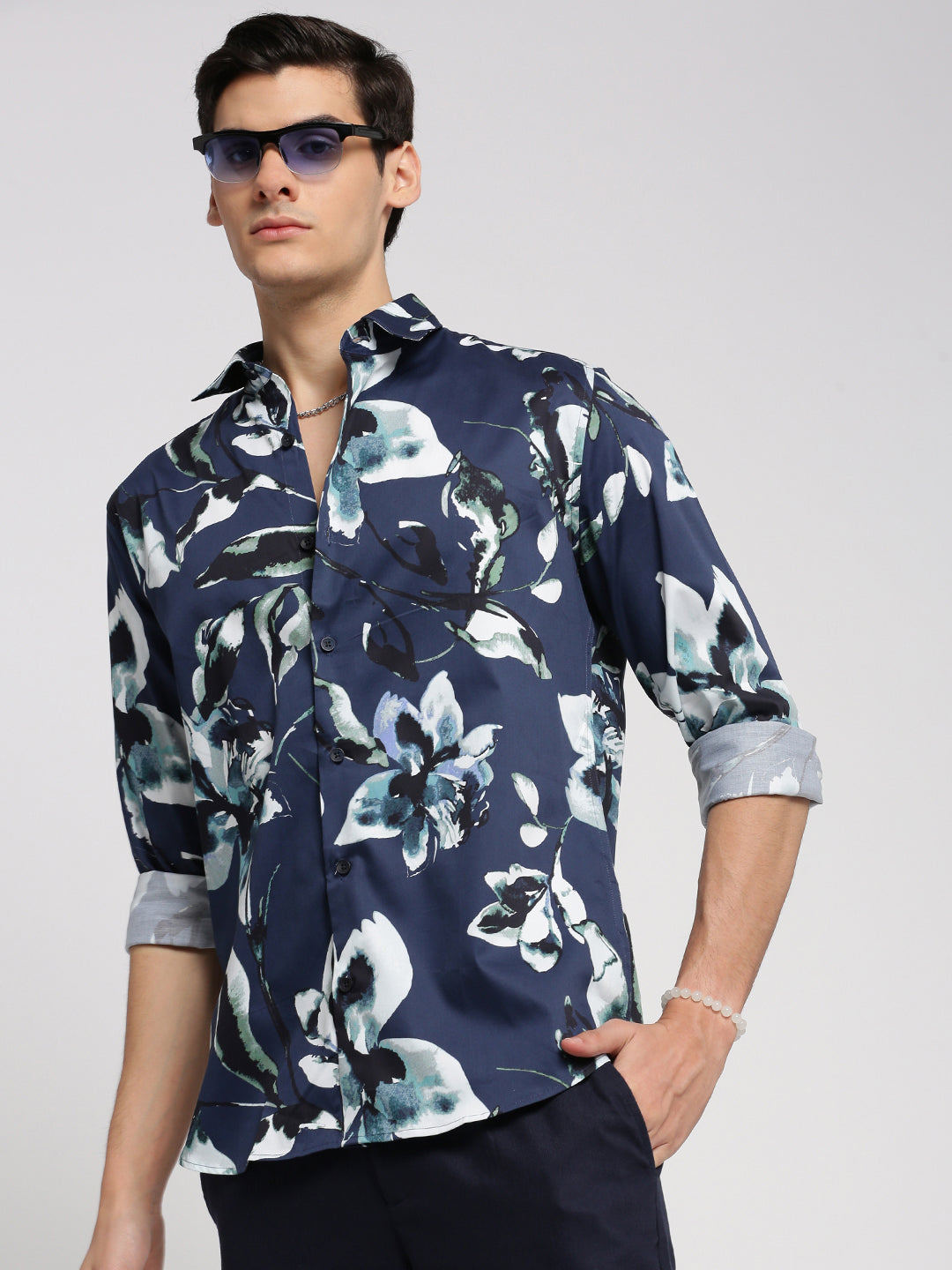 Men Blue Spread Collar Floral Shirt