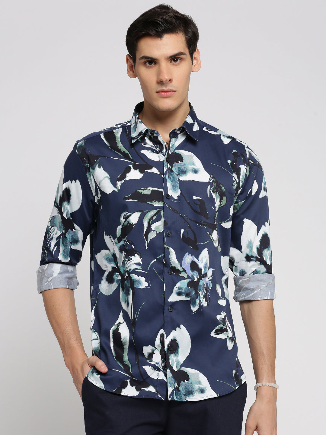 Men Blue Spread Collar Floral Shirt