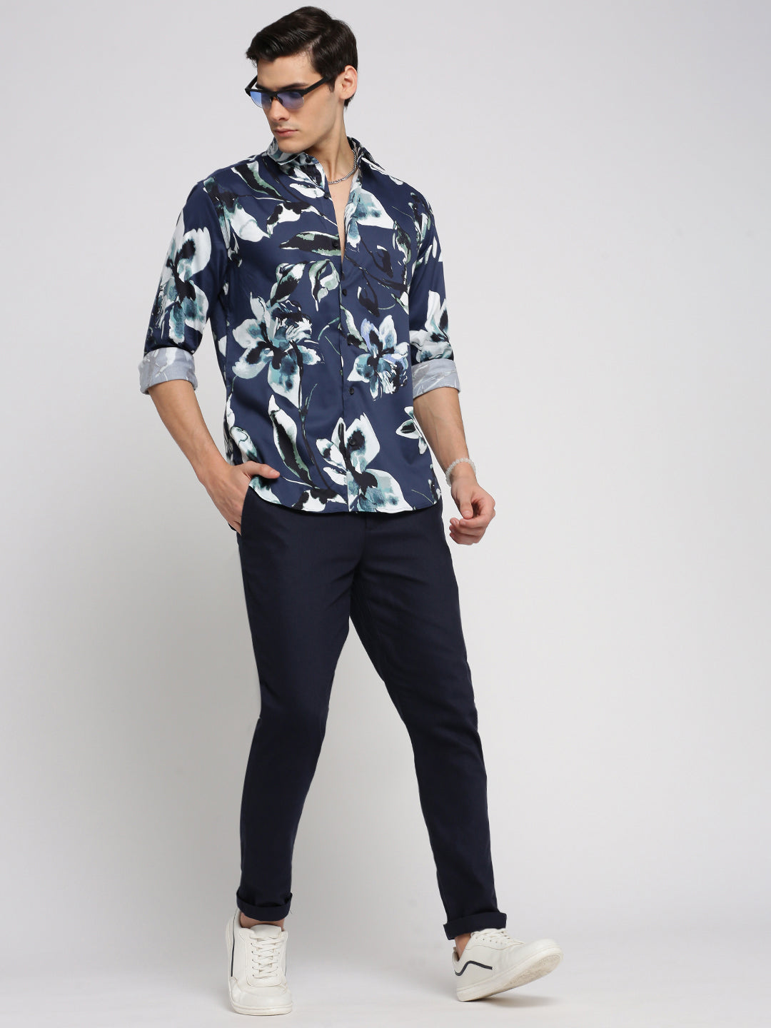 Men Blue Spread Collar Floral Shirt