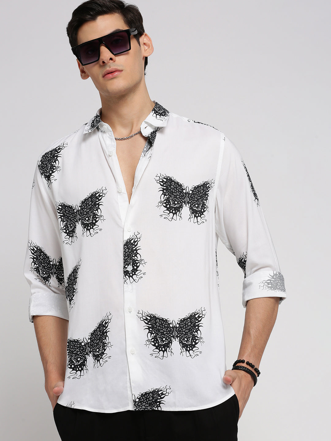 Men White Spread Collar Graphic Shirt