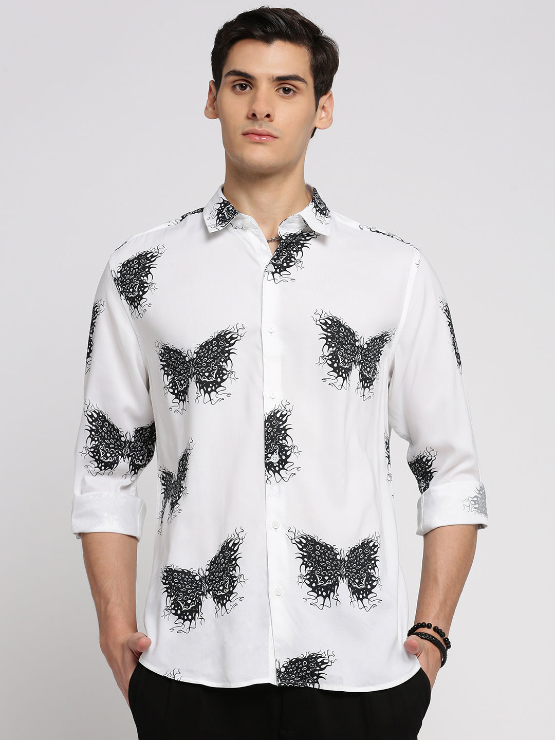 Men White Spread Collar Graphic Shirt