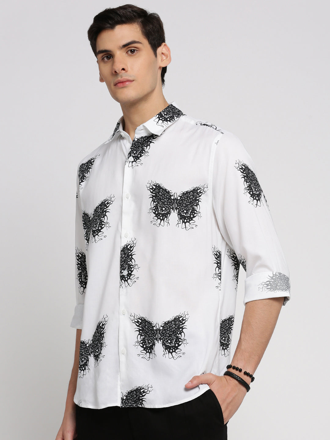 Men White Spread Collar Graphic Shirt