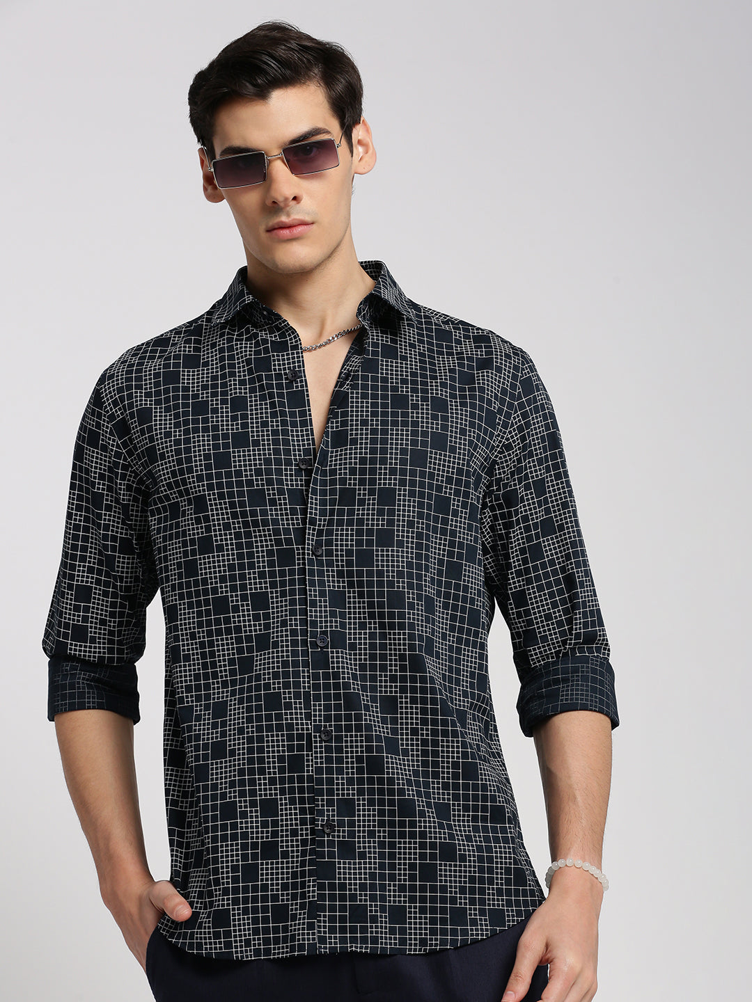 Men Navy Blue Spread Collar Geometric Shirt