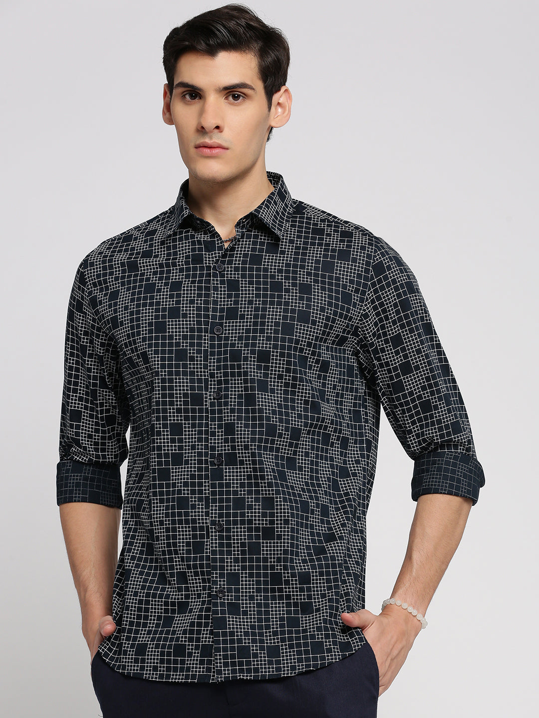 Men Navy Blue Spread Collar Geometric Shirt