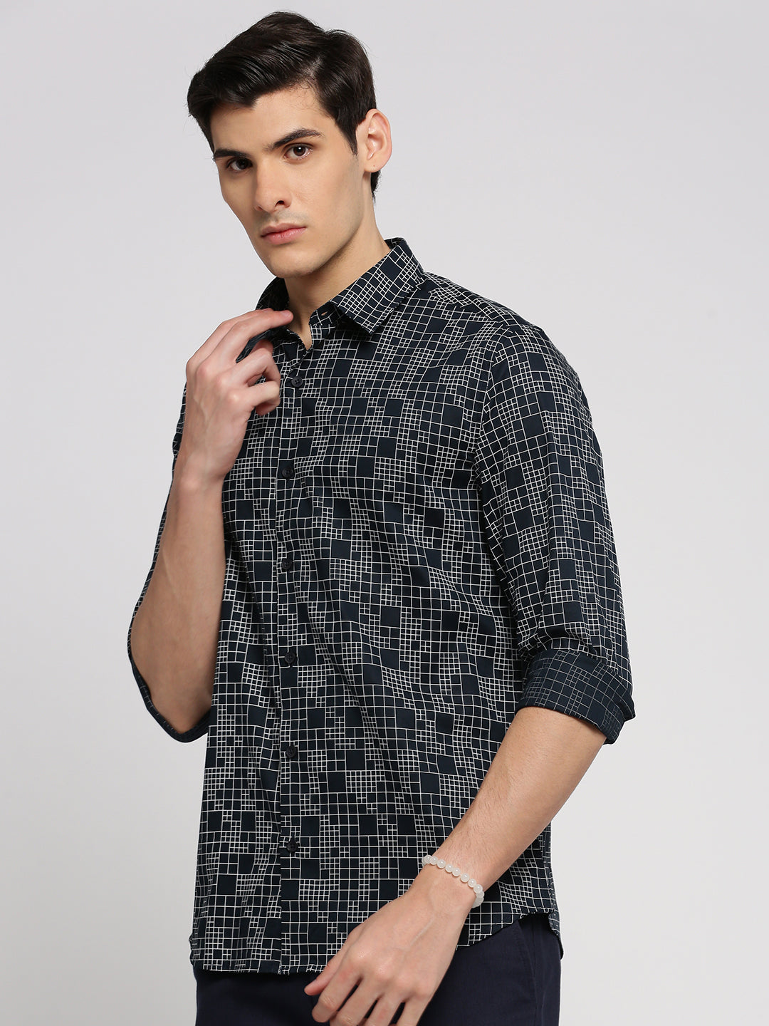 Men Navy Blue Spread Collar Geometric Shirt