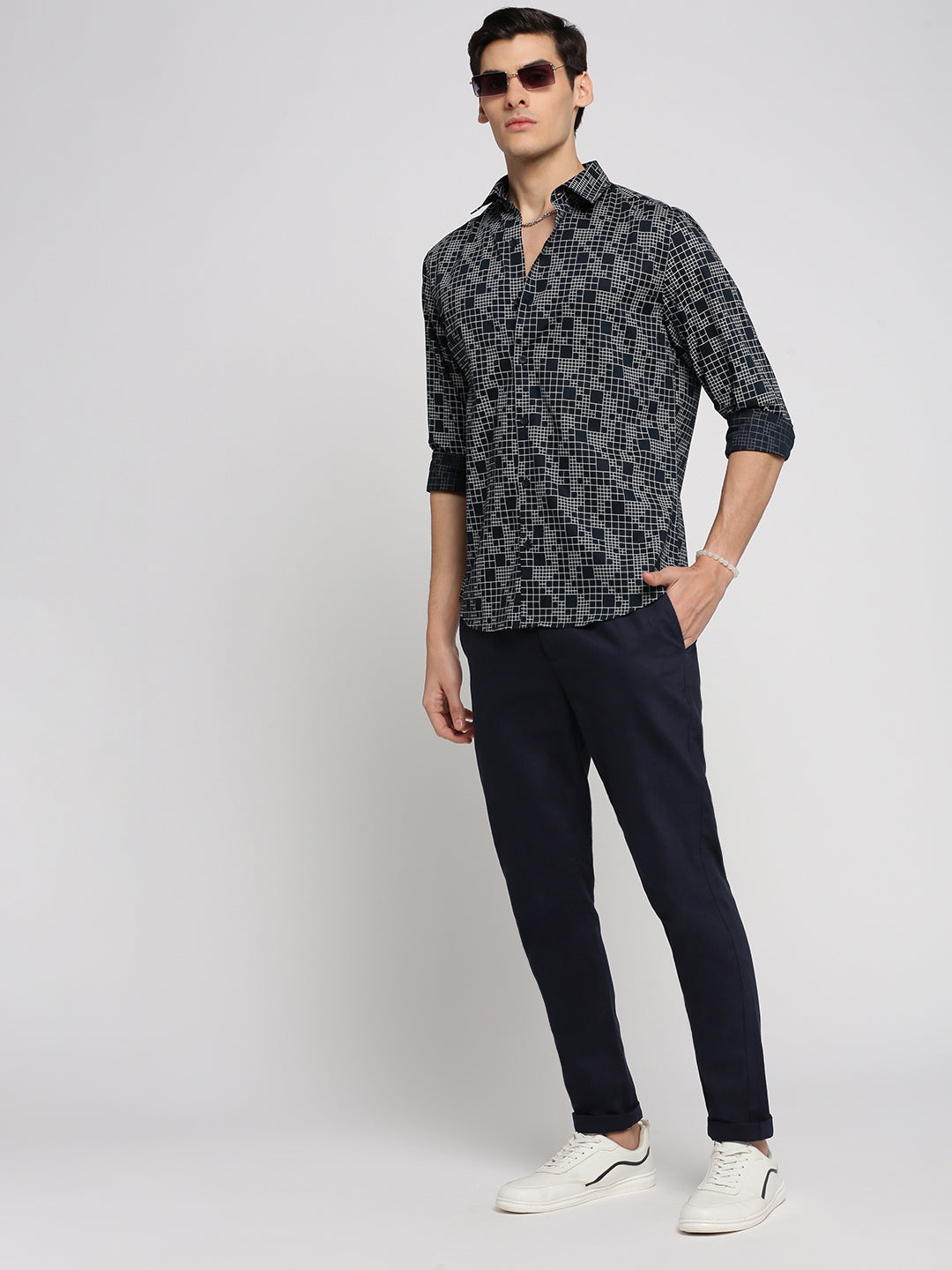 Men Navy Blue Spread Collar Geometric Shirt