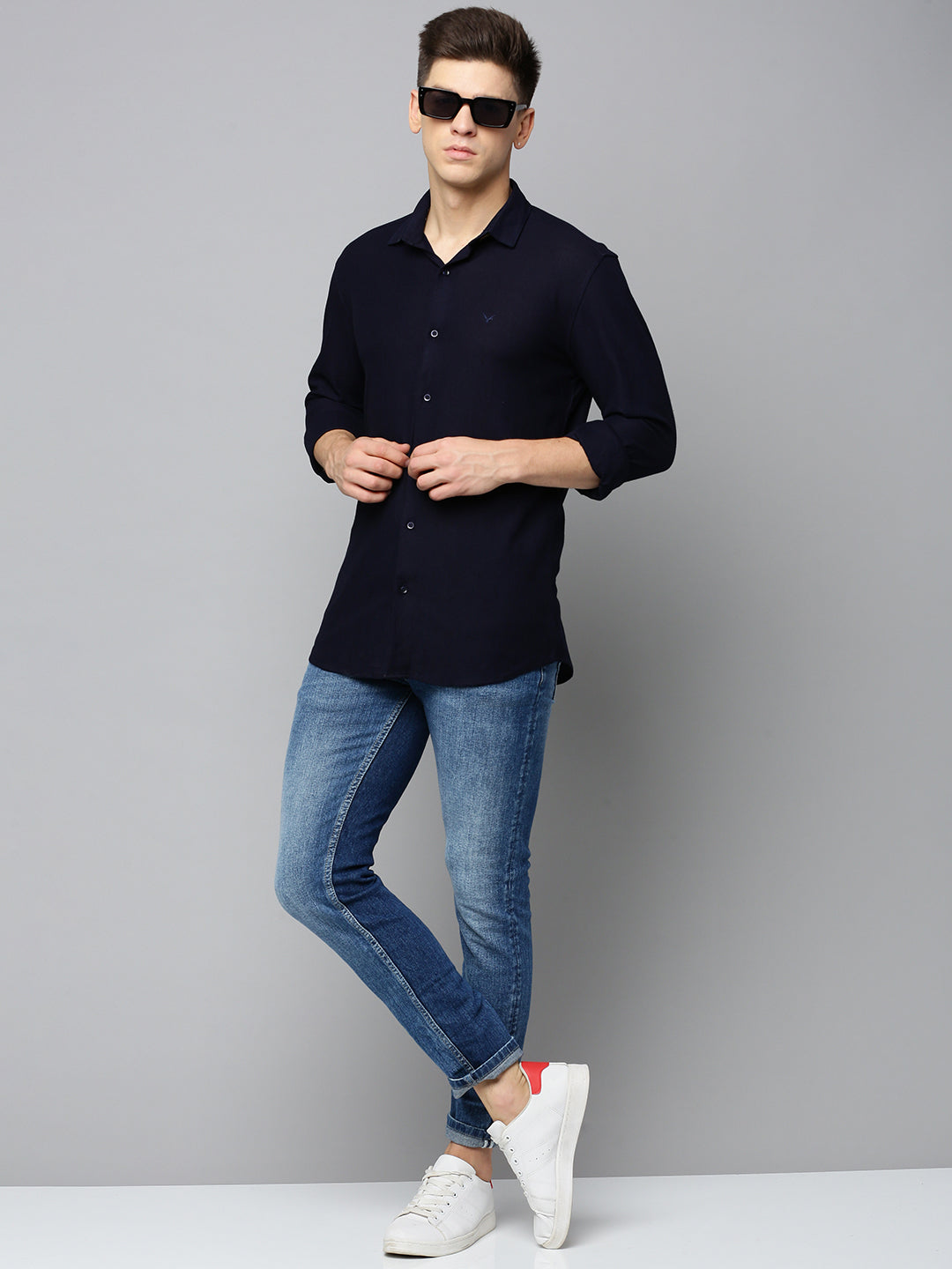 Men Navy Solid Casual Shirt