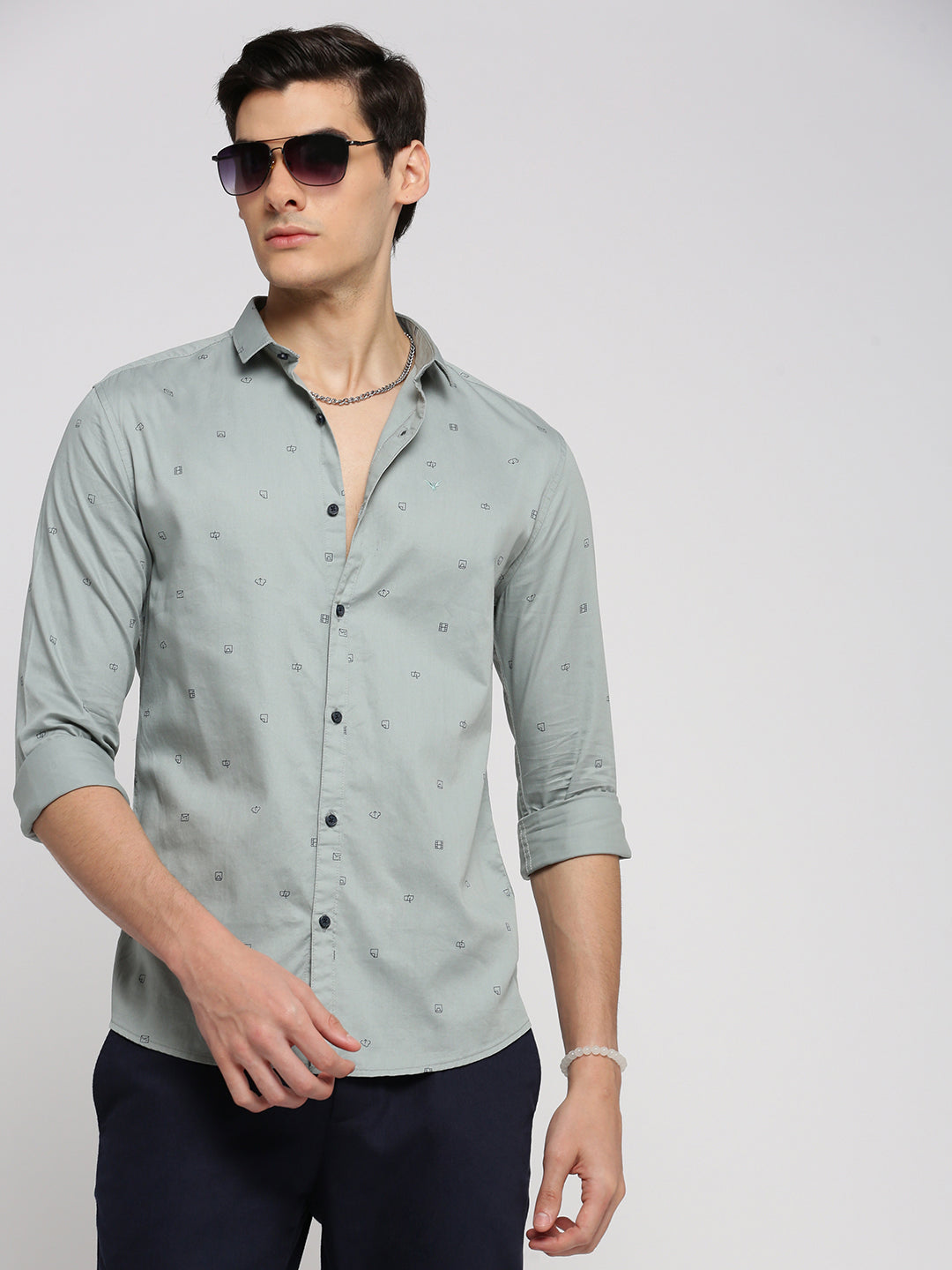 Men Sea Green Spread Collar Graphic Shirt