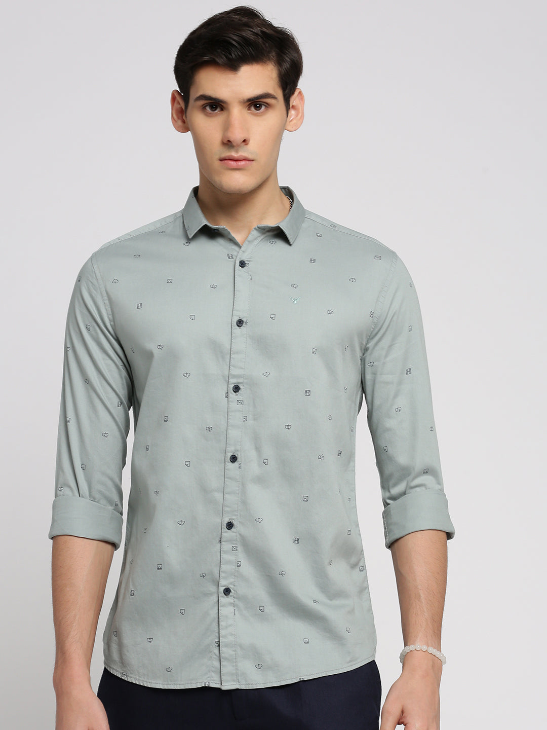 Men Sea Green Spread Collar Graphic Shirt