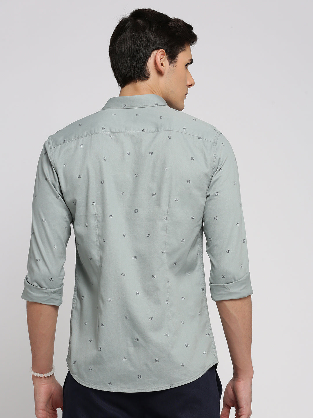 Men Sea Green Spread Collar Graphic Shirt