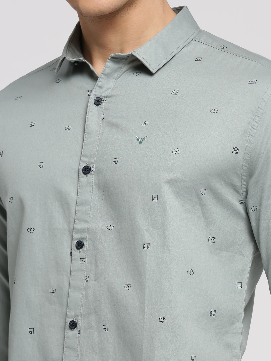 Men Sea Green Spread Collar Graphic Shirt