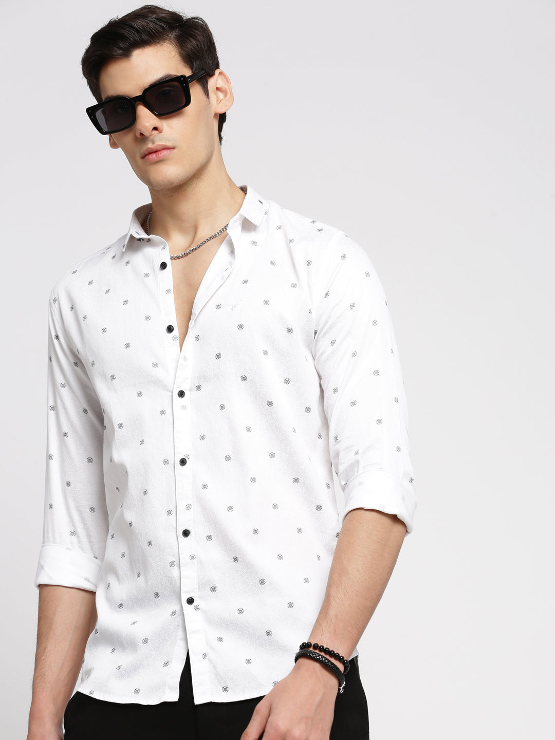 Men White Spread Collar Floral Shirt