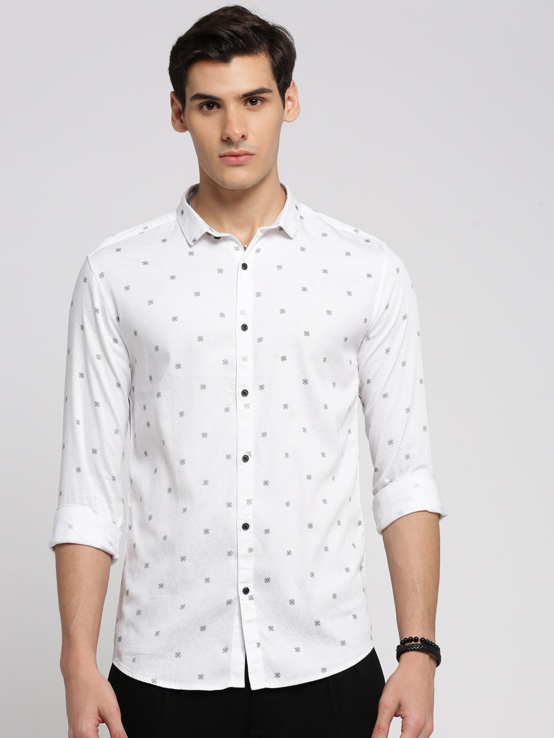 Men White Spread Collar Floral Shirt