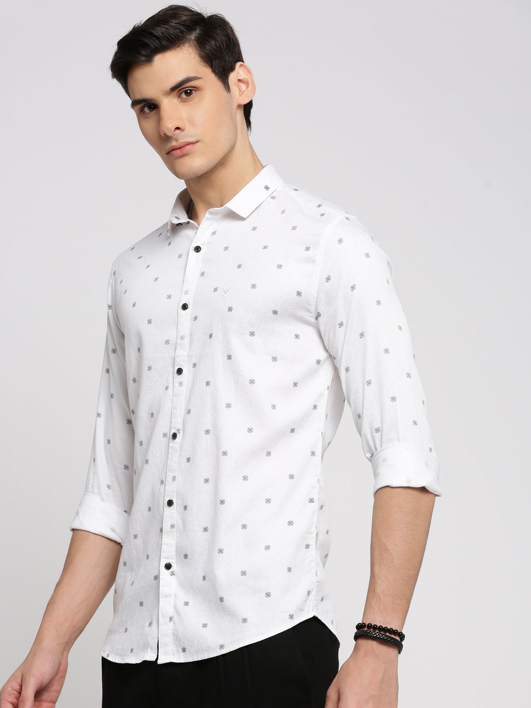 Men White Spread Collar Floral Shirt