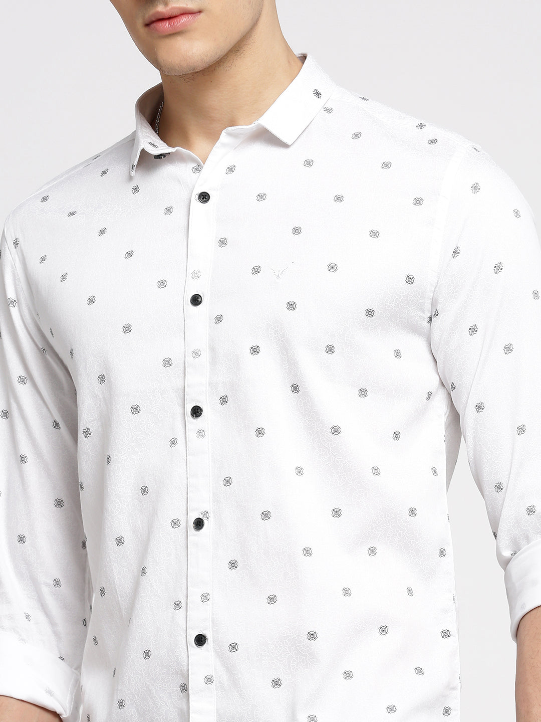 Men White Spread Collar Floral Shirt