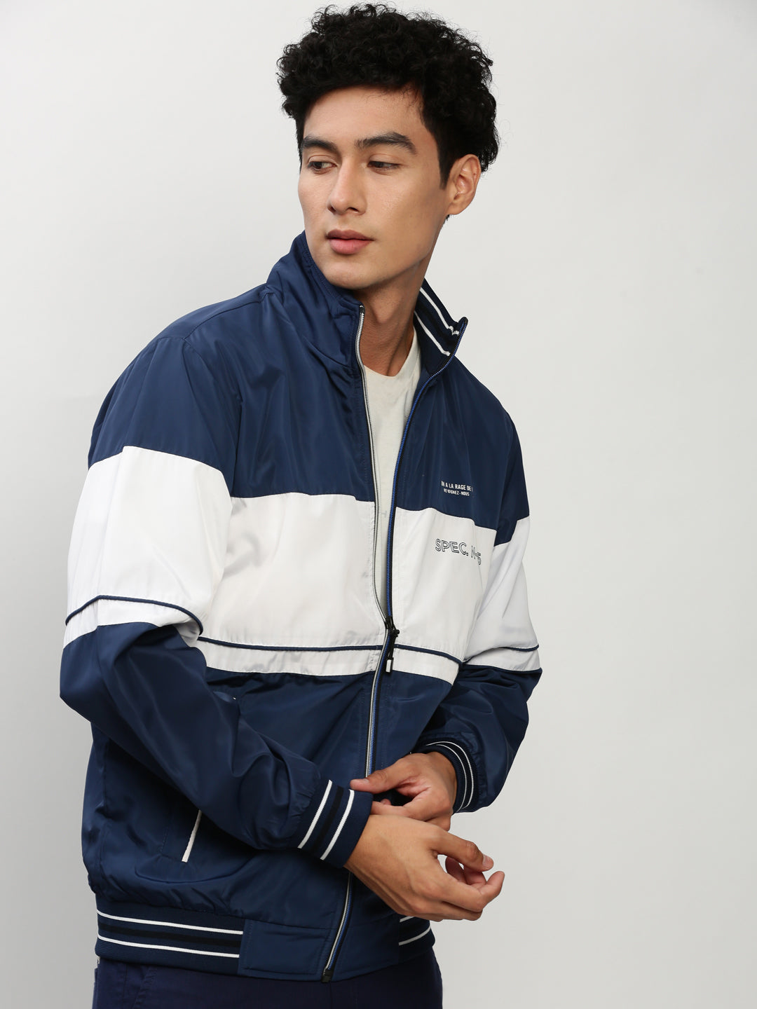 Men Blue Colourblock Casual Bomber Jackets