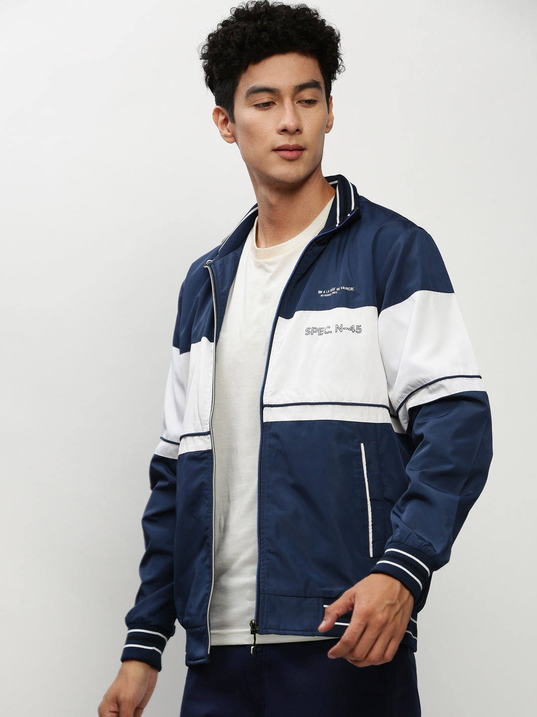 Men Blue Colourblock Casual Bomber Jackets