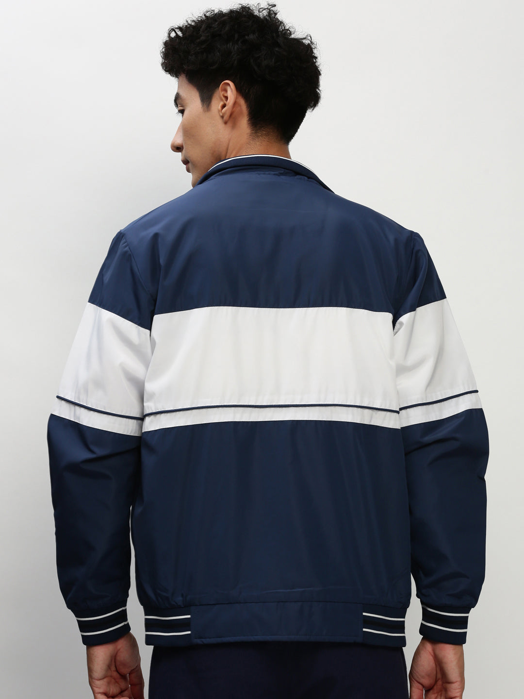 Men Blue Colourblock Casual Bomber Jackets