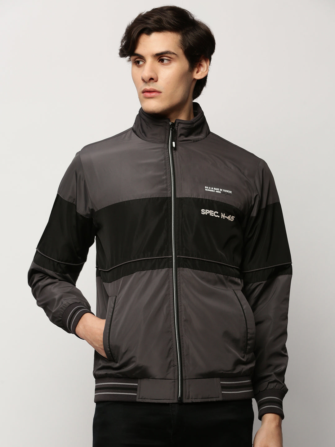 Men's Grey Colourblock Casual Bomber Jackets