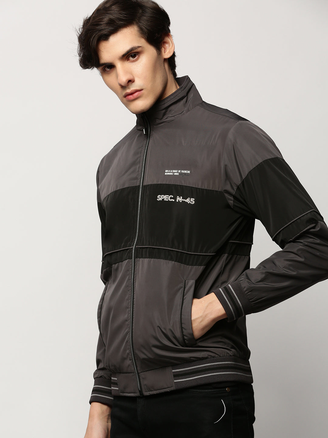 Men's Grey Colourblock Casual Bomber Jackets