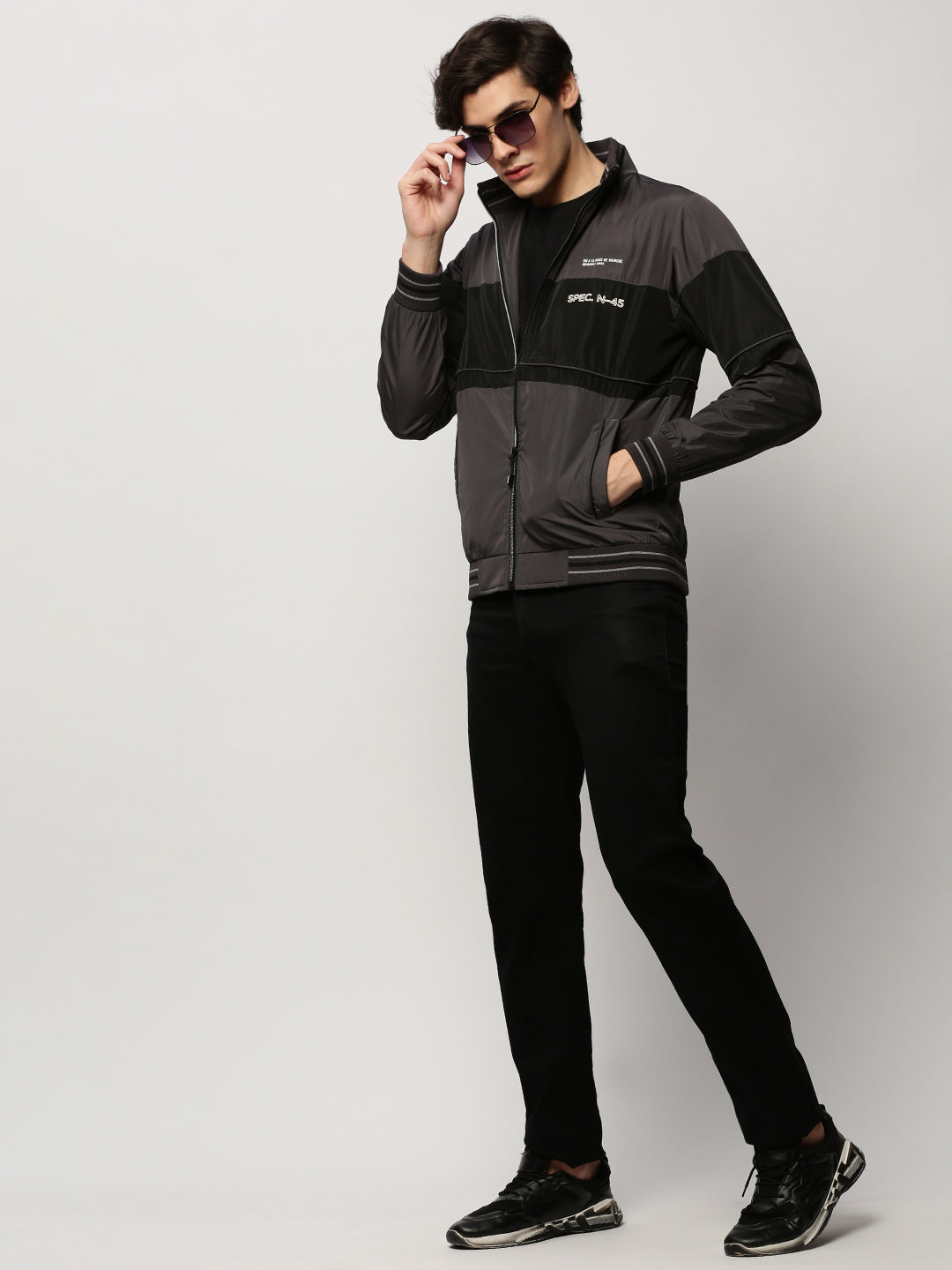 Men's Grey Colourblock Casual Bomber Jackets