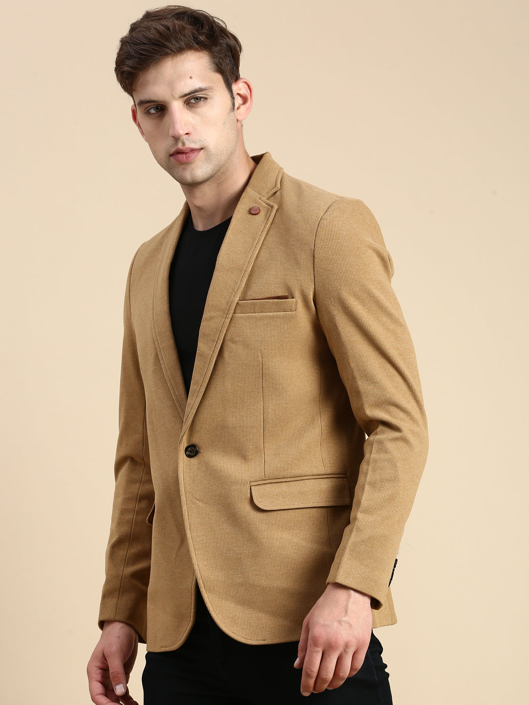 Men Khaki Solid Casual Blazer