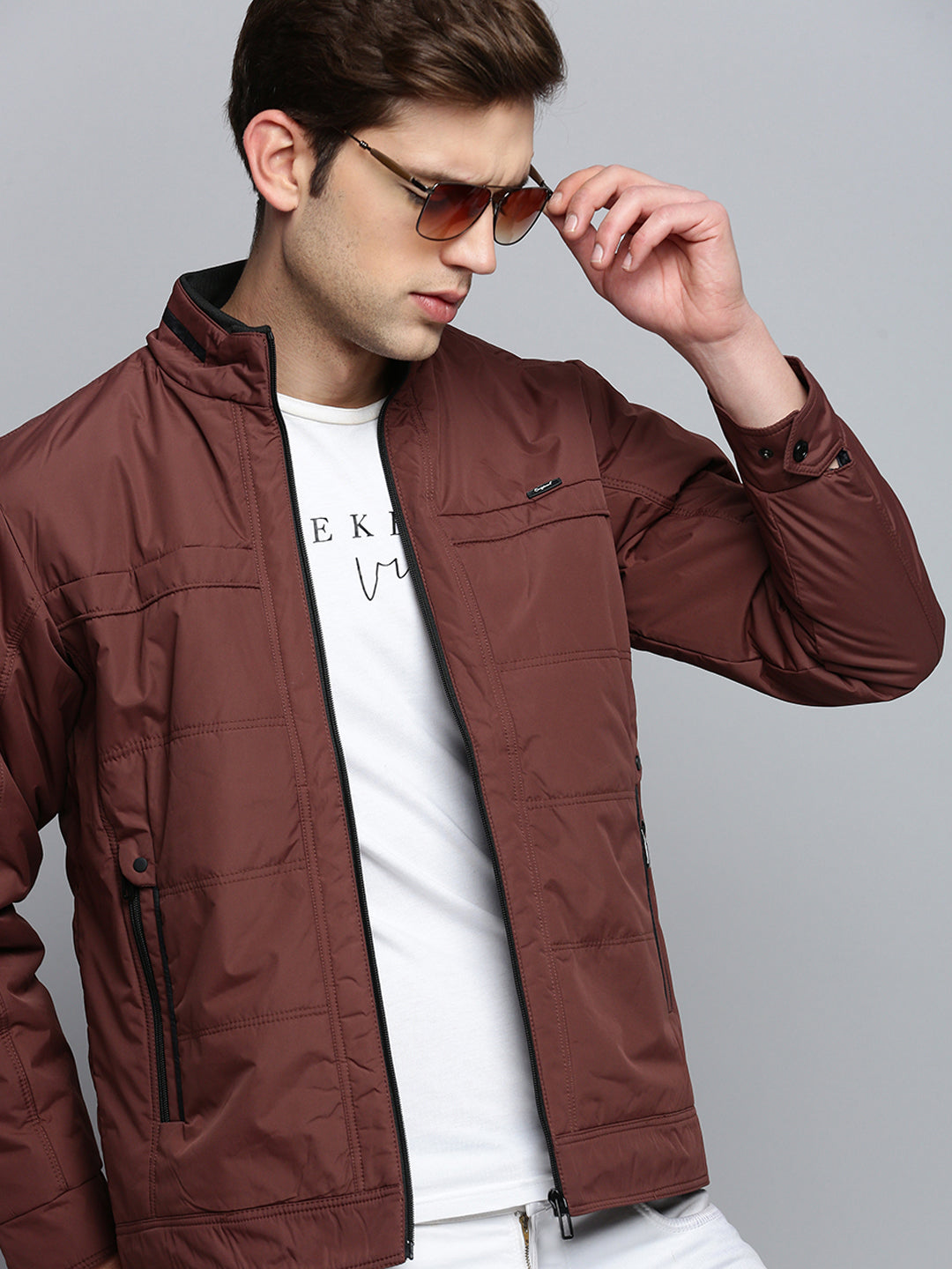 Men Brown Solid Casual Jacket