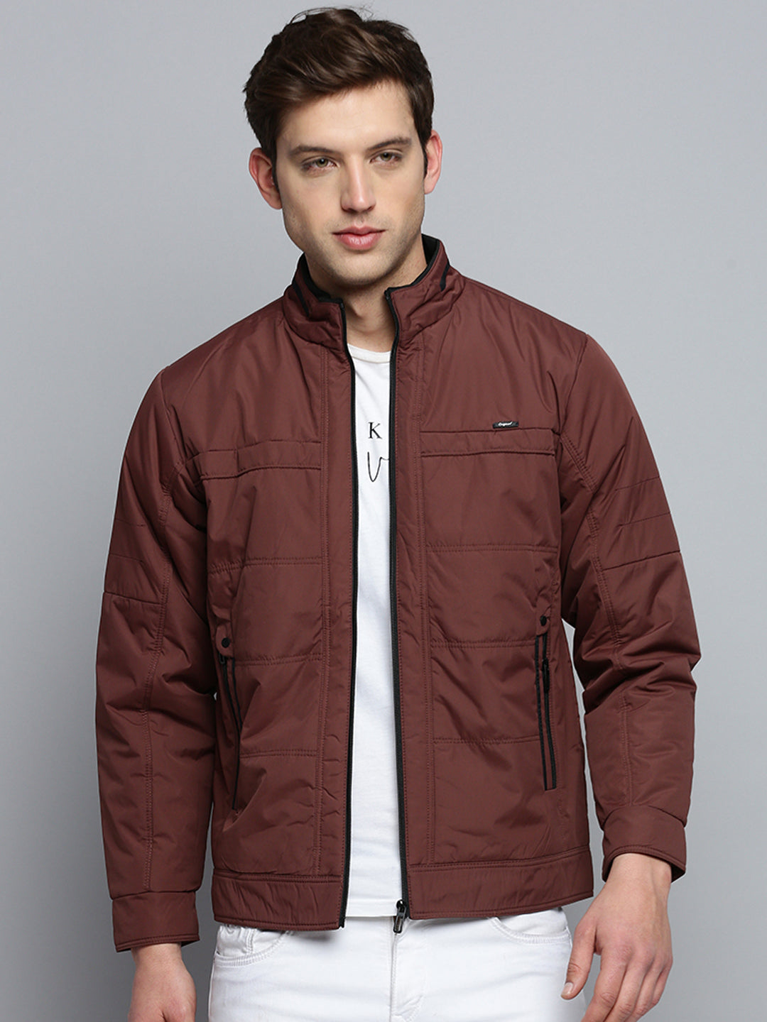 Men Brown Solid Casual Jacket