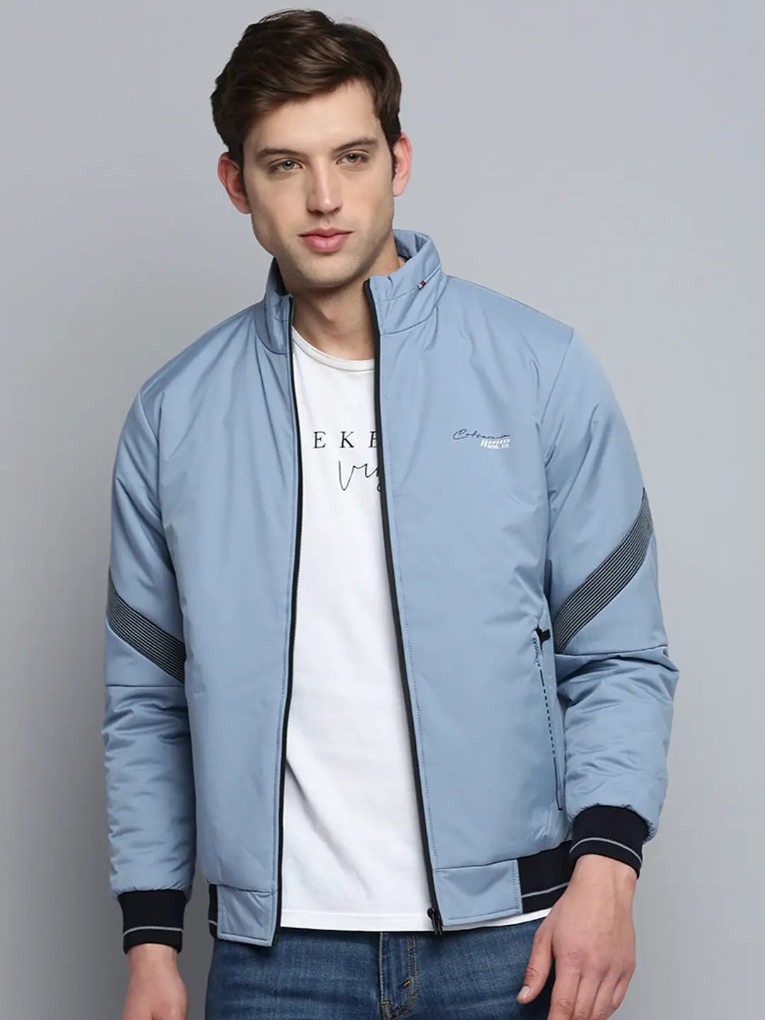 Men's Blue Solid Casual Jacket