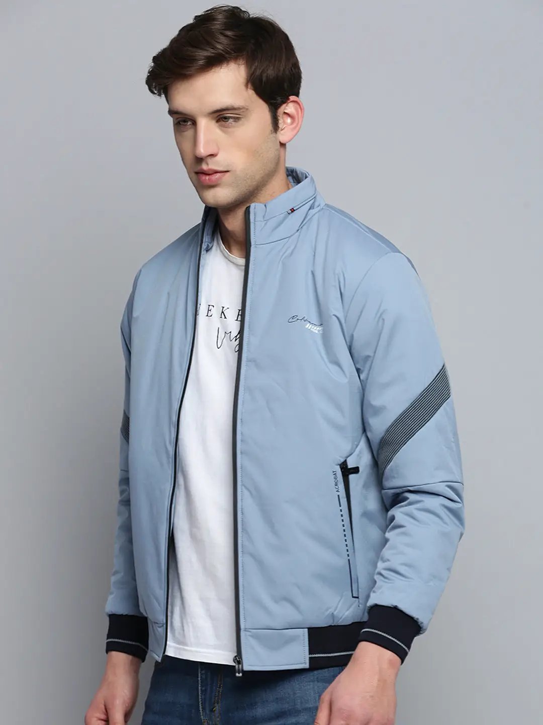 Men's Blue Solid Casual Jacket