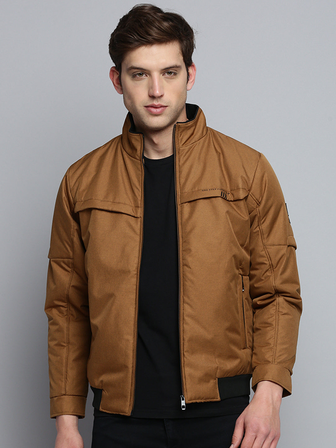 Men Brown Solid Casual Jacket