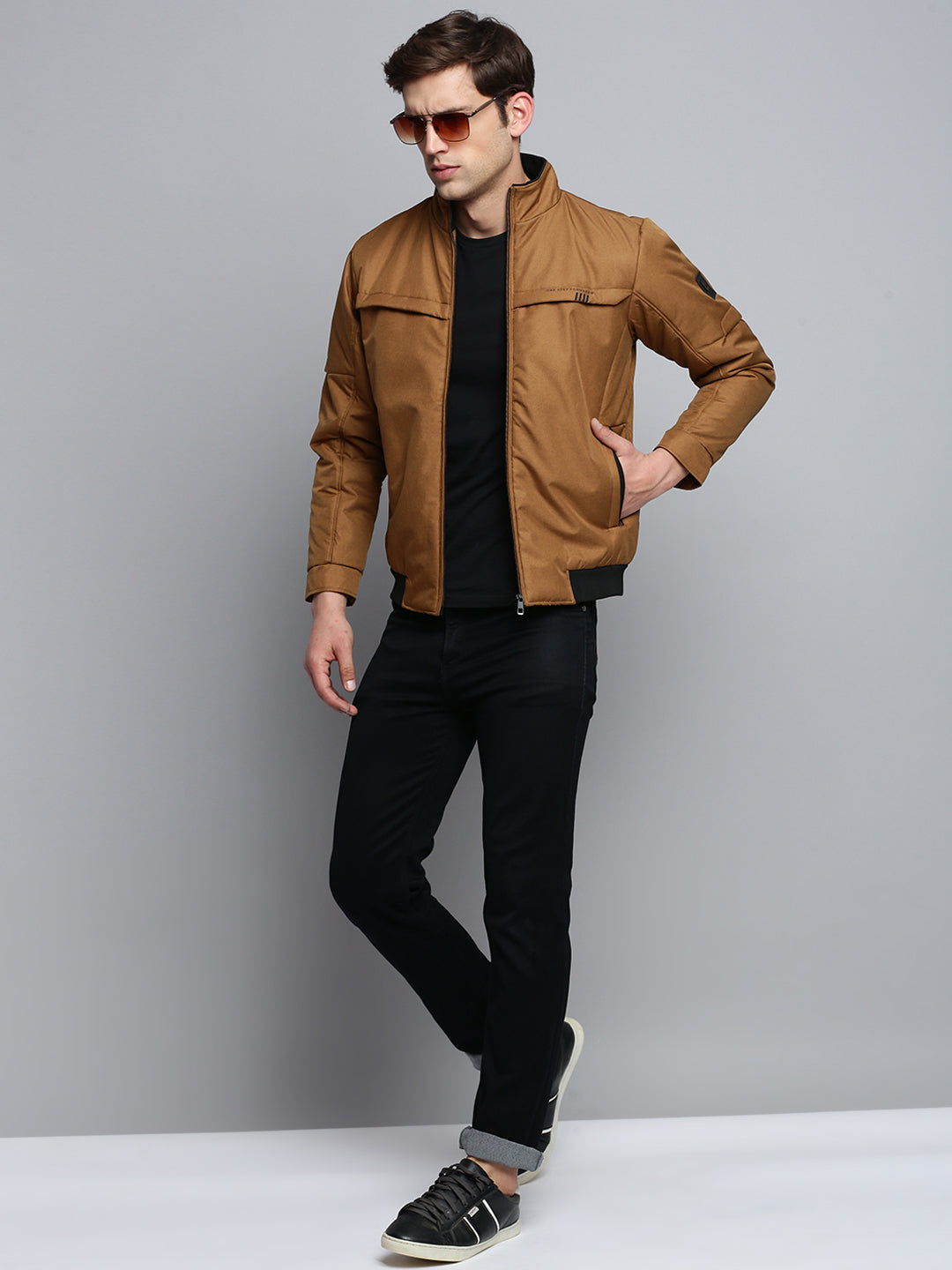 Men Brown Solid Casual Jacket