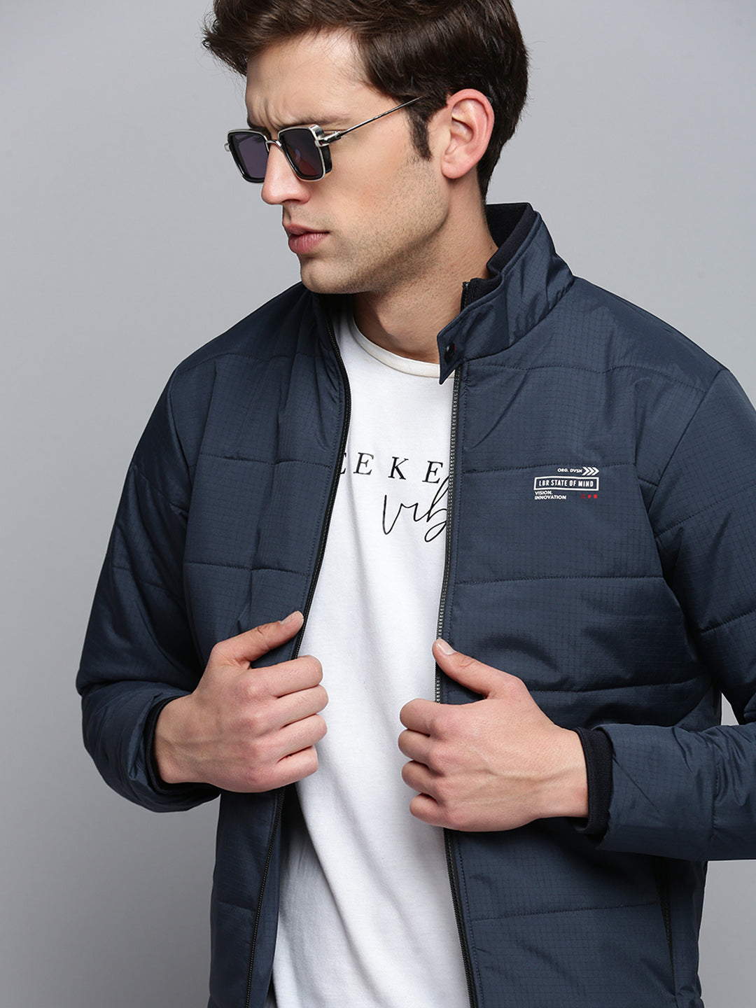 Men Navy Solid Casual Jacket