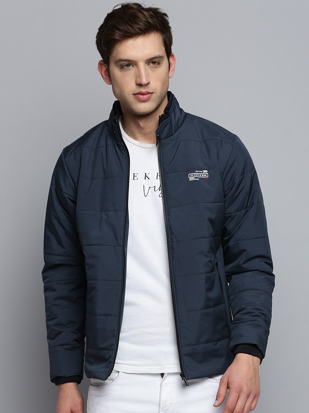 Men Navy Solid Casual Jacket