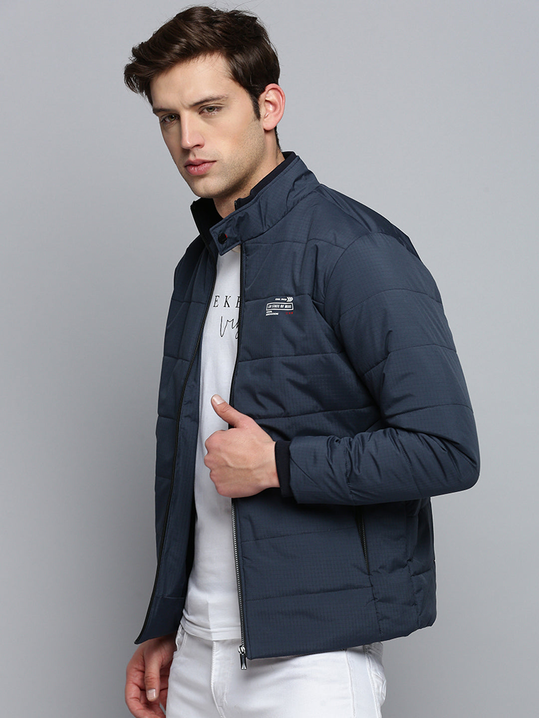 Men Navy Solid Casual Jacket