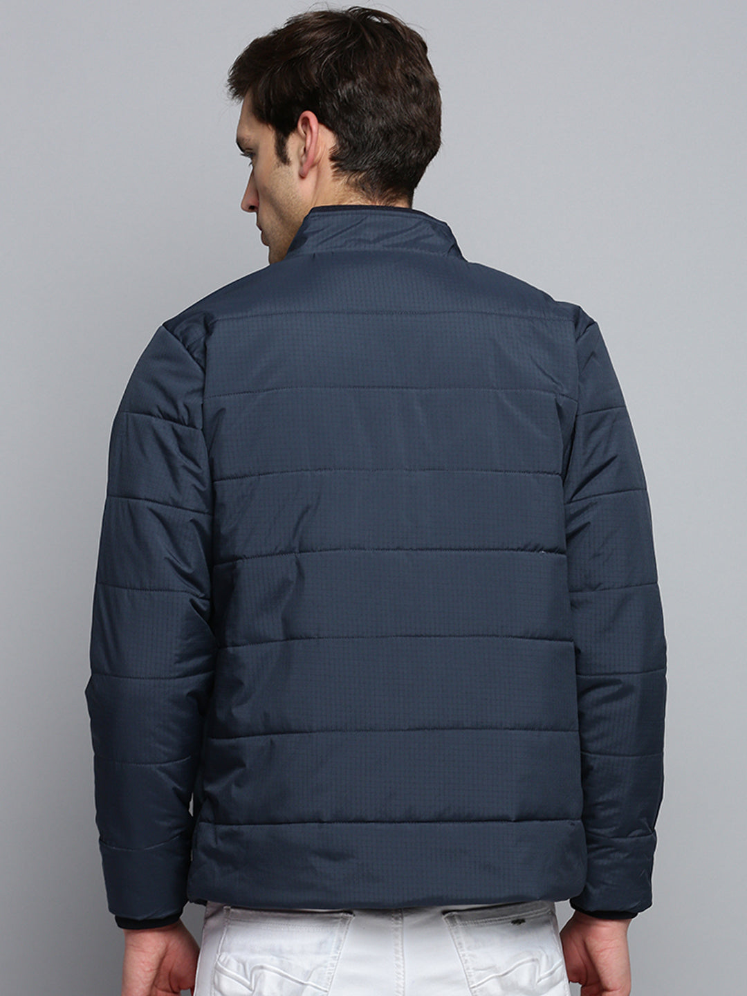 Men Navy Solid Casual Jacket