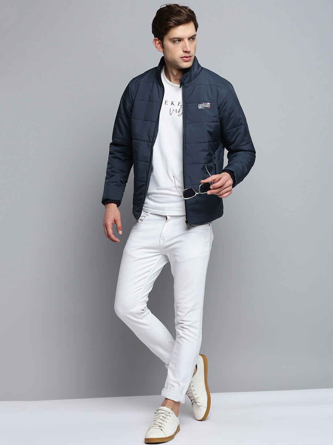 Men Navy Solid Casual Jacket