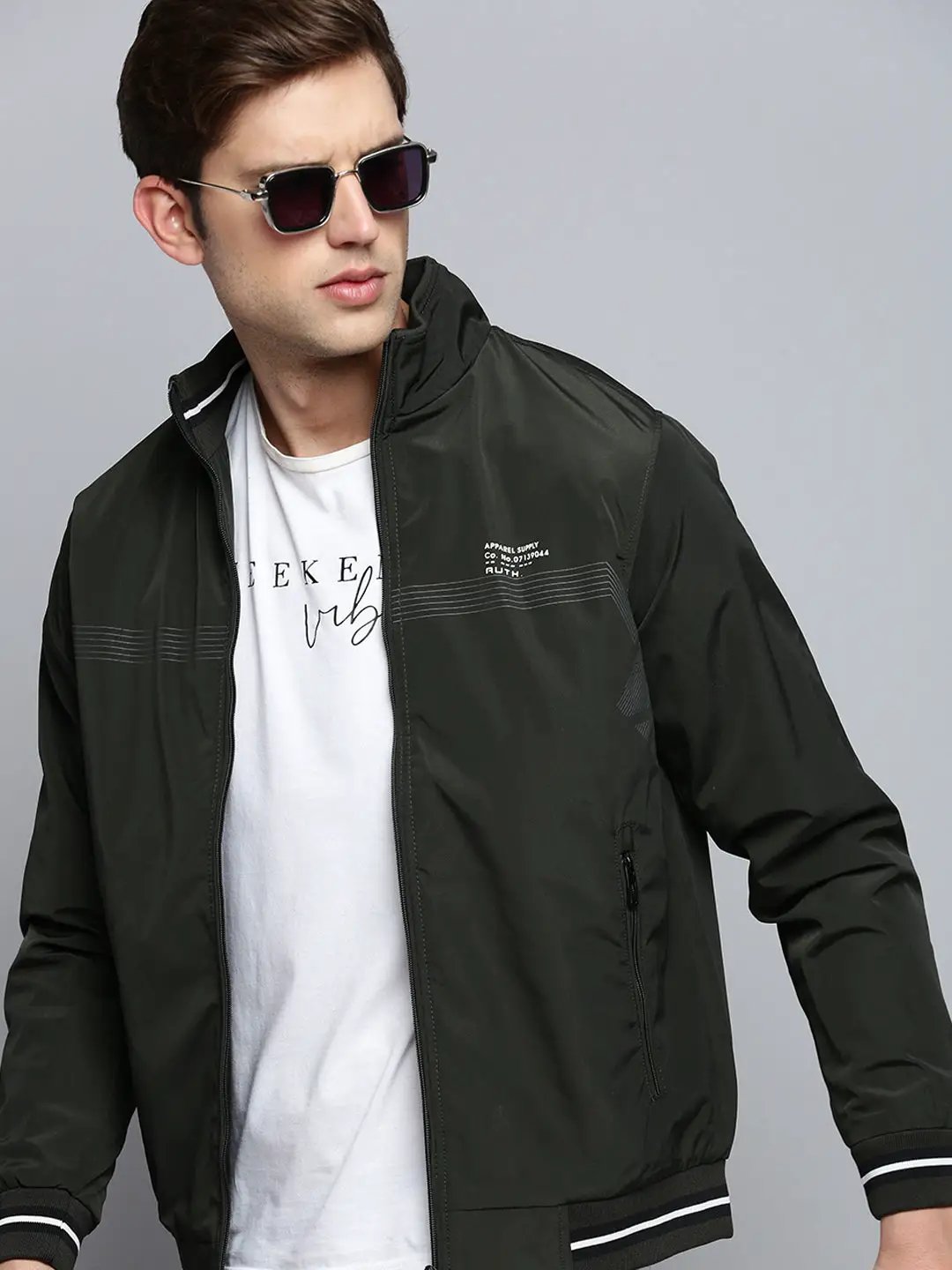 Men's Green Solid Casual Jacket