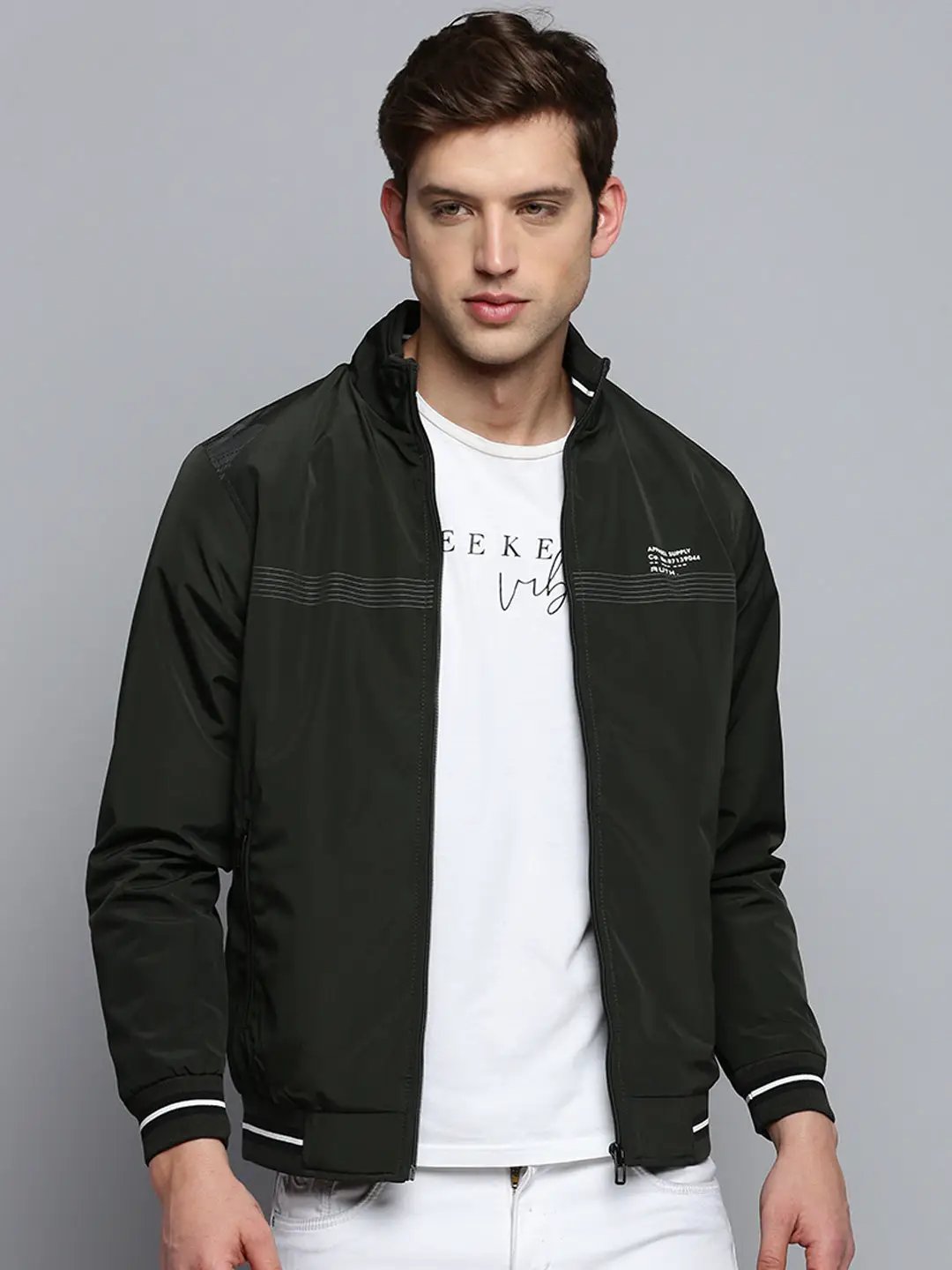 Men's Green Solid Casual Jacket