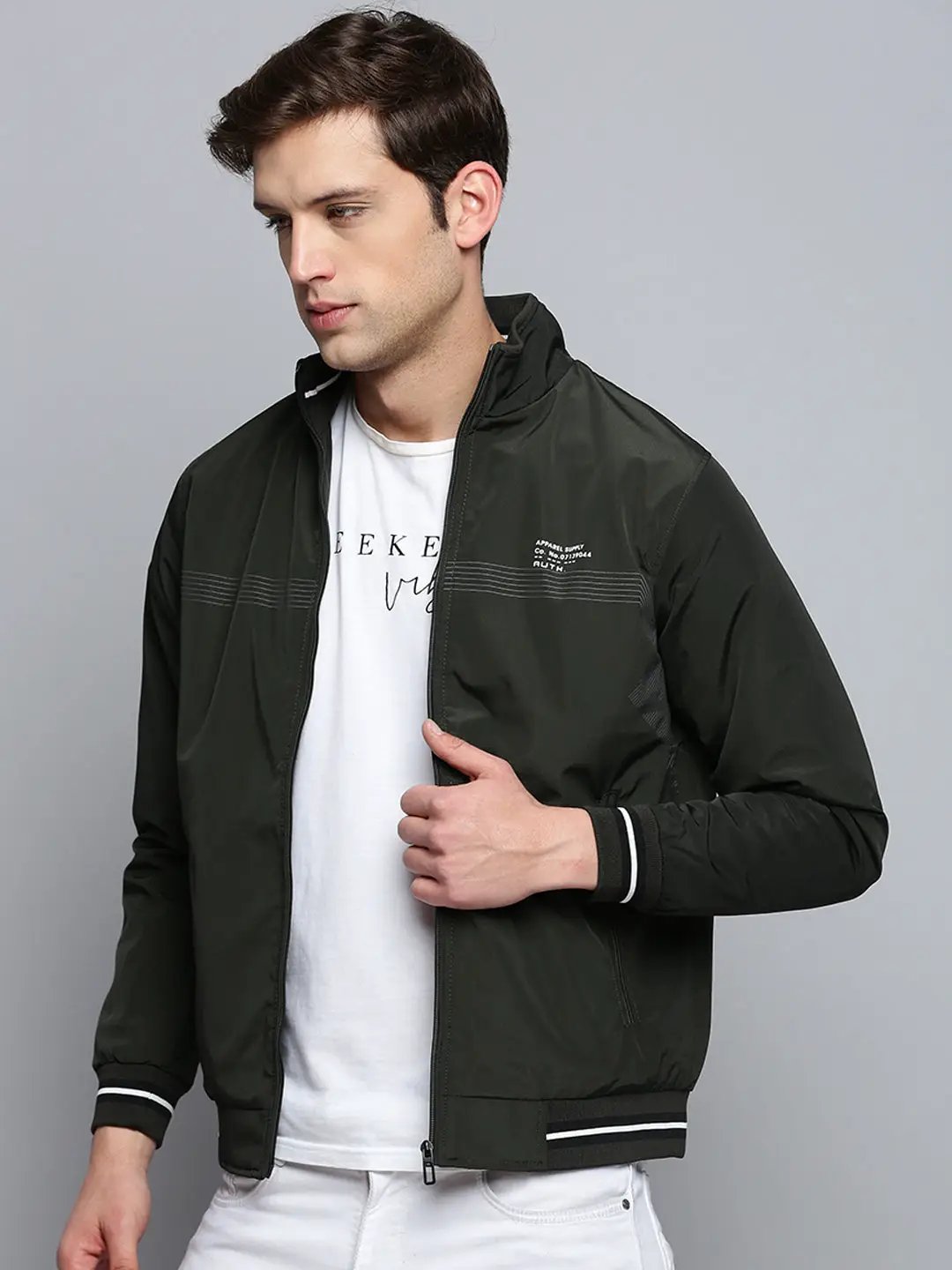 Men's Green Solid Casual Jacket
