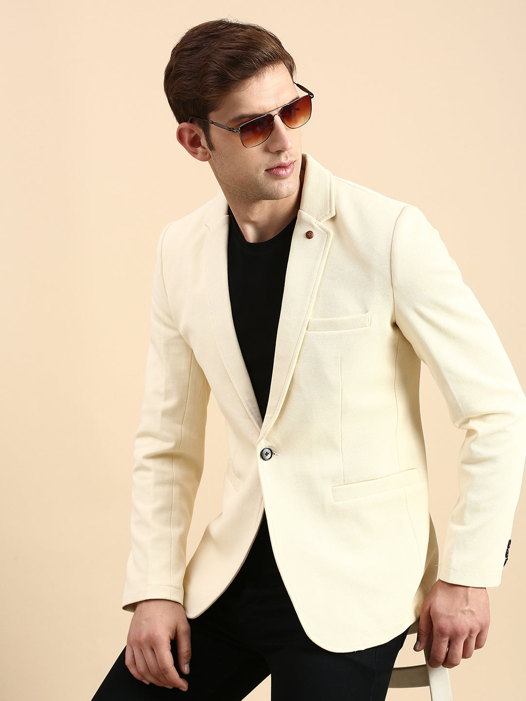 Men Cream Solid Casual Blazer