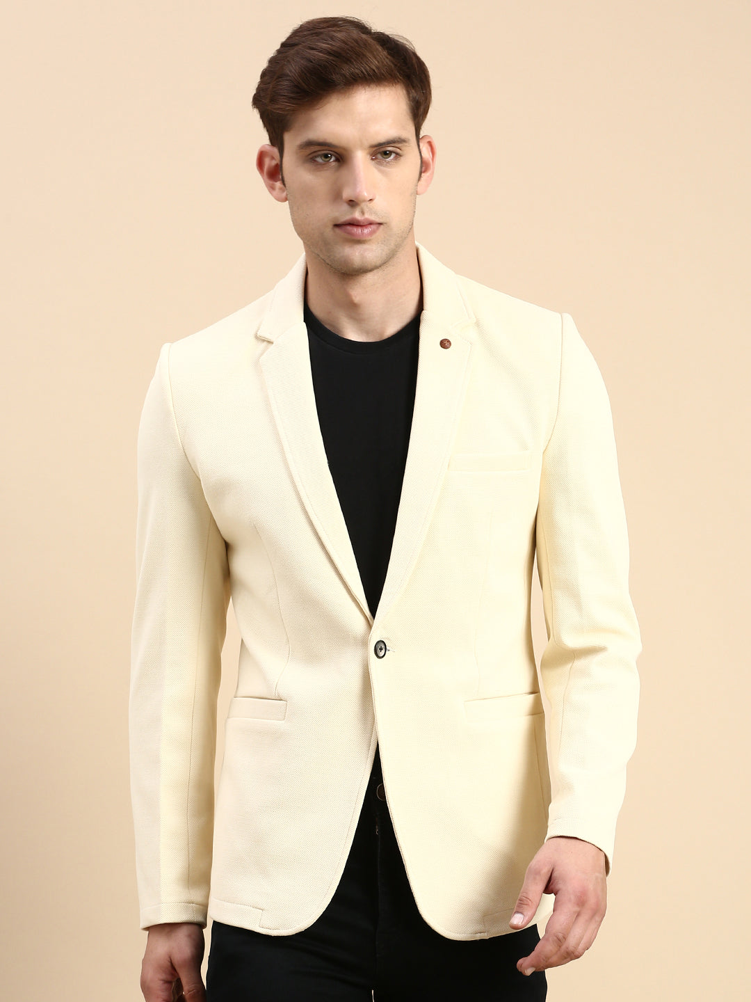 Men Cream Solid Casual Blazer