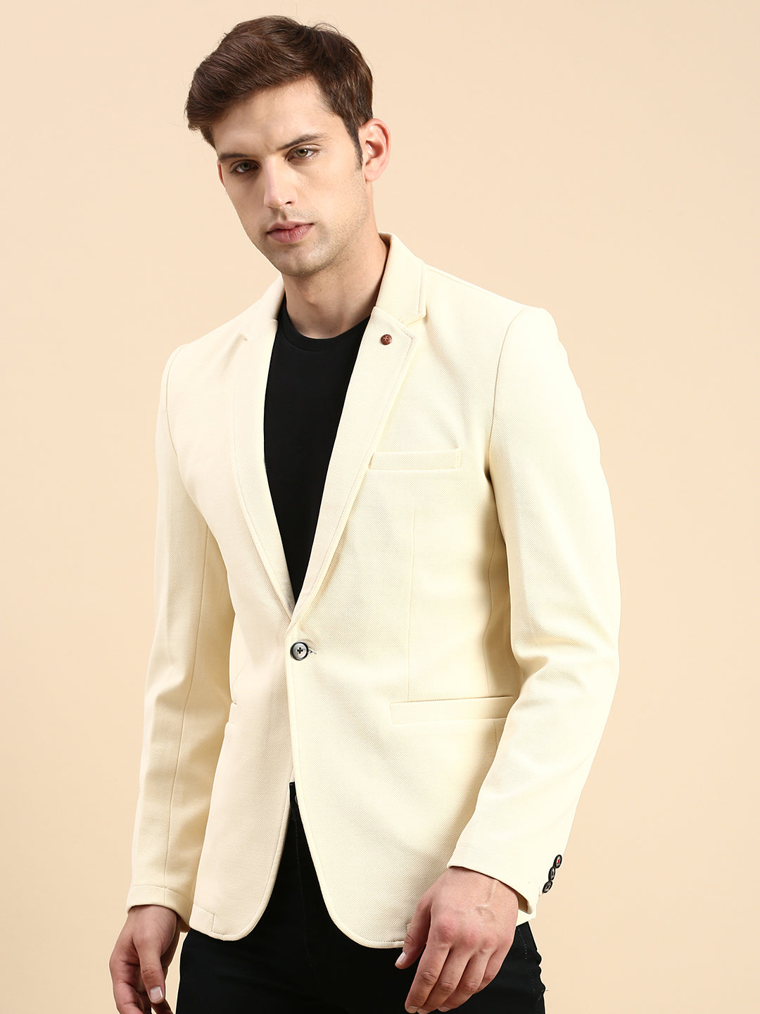 Men Cream Solid Casual Blazer