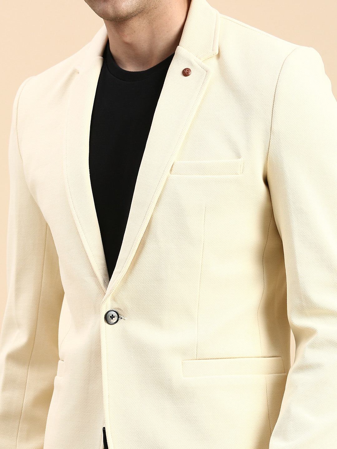 Men Cream Solid Casual Blazer