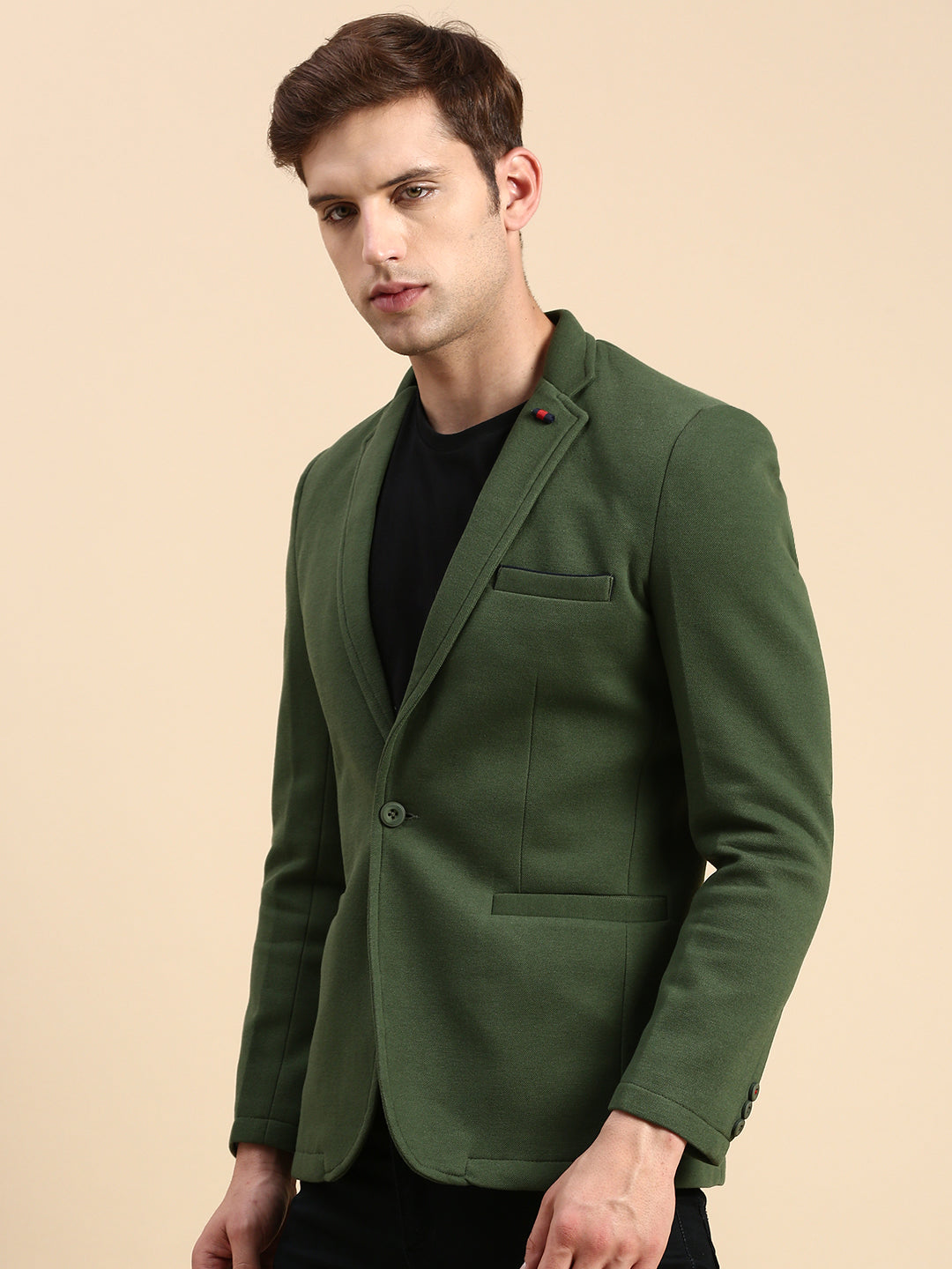 Men Green Solid Casual Blazer