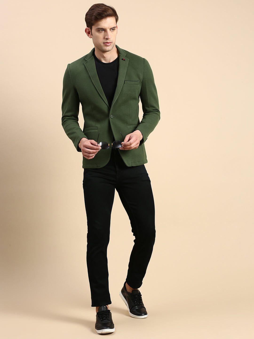 Men Green Solid Casual Blazer