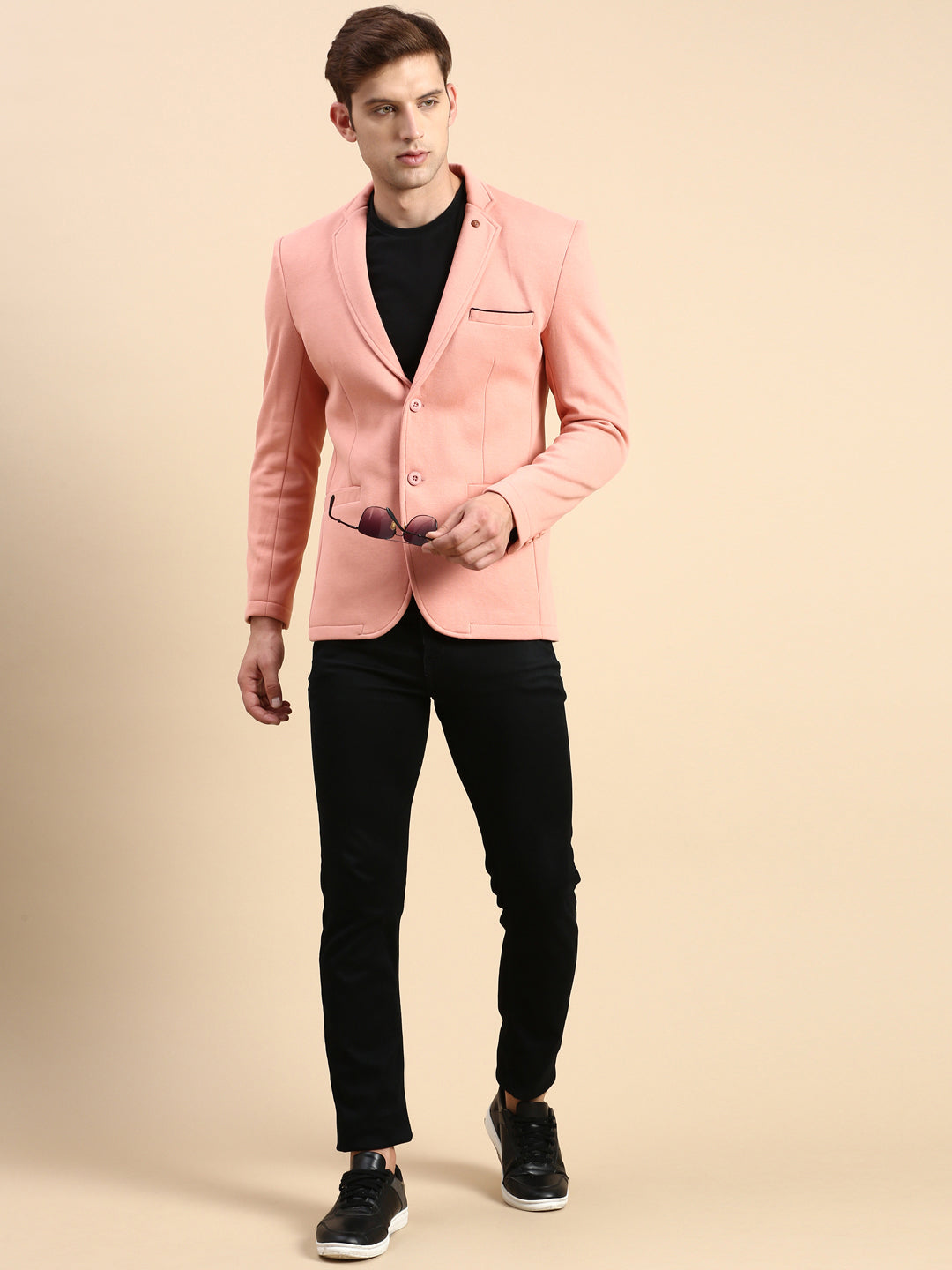 Men Peach Solid Casual Blazer