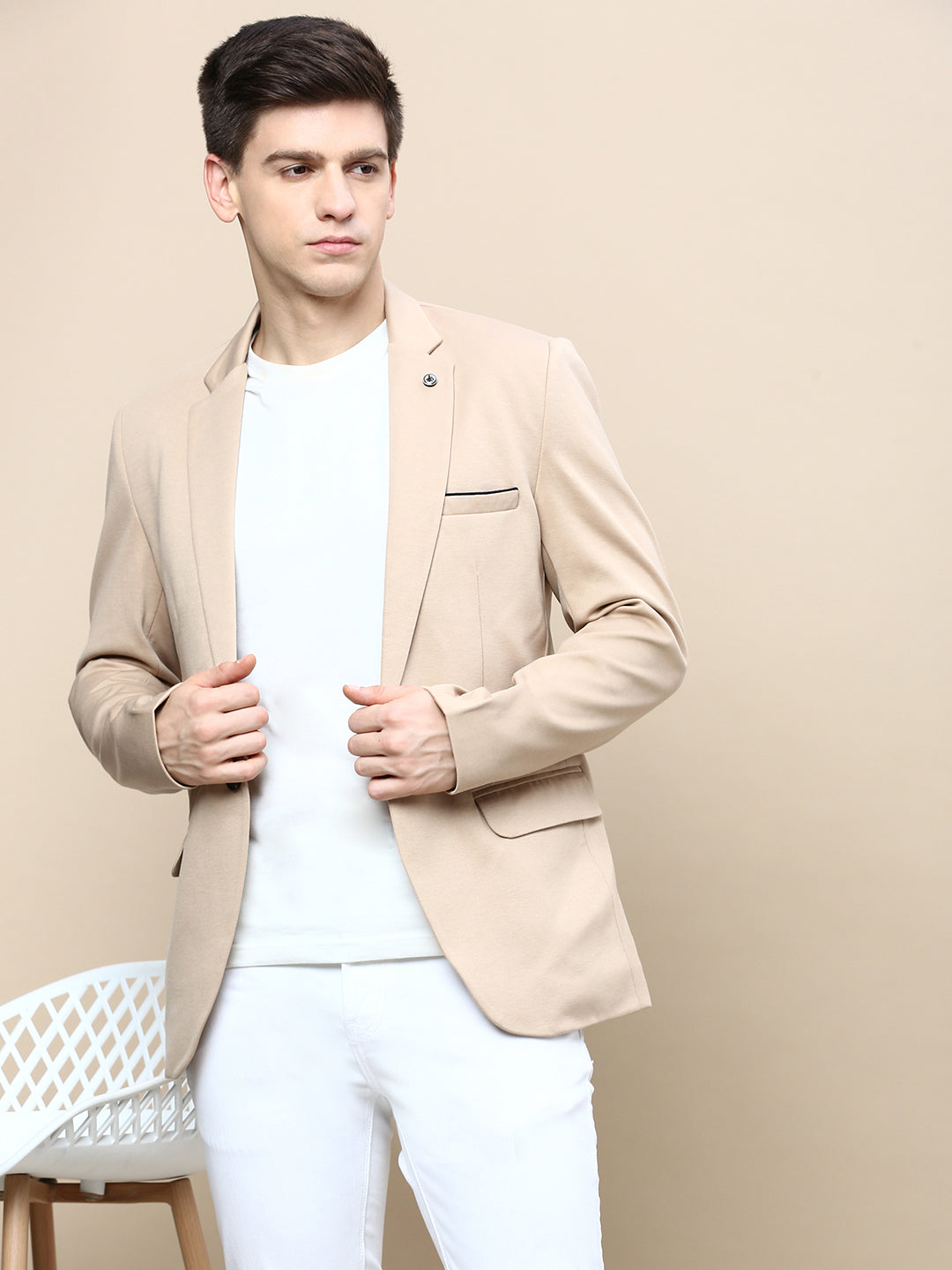 Men Beige Solid Casual Blazers