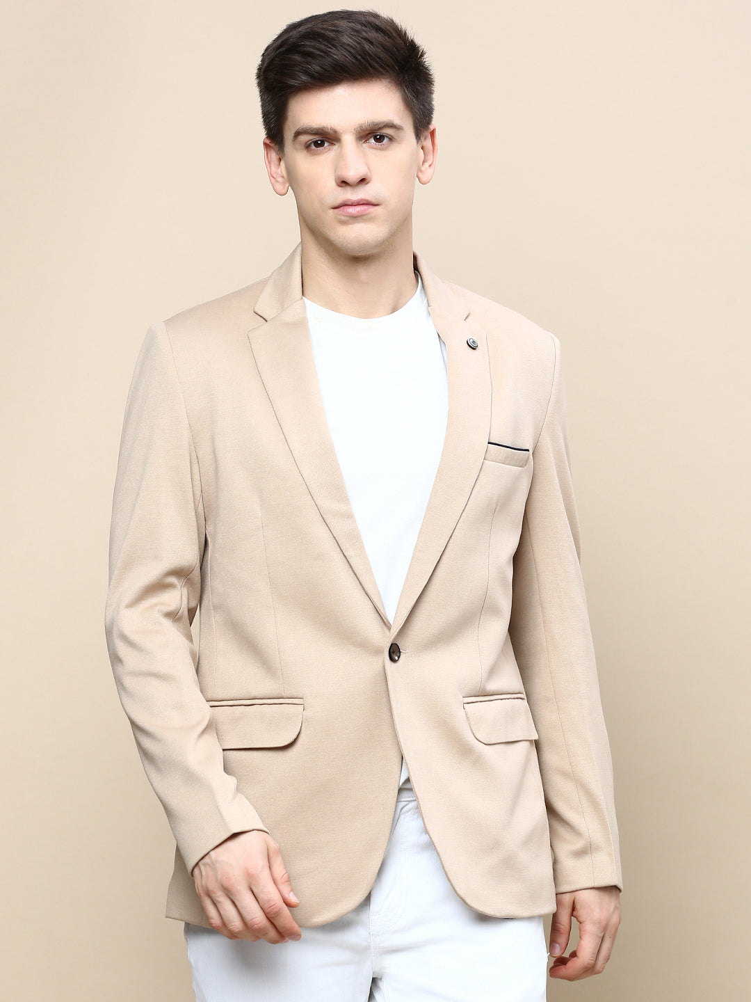 Men Beige Solid Casual Blazers